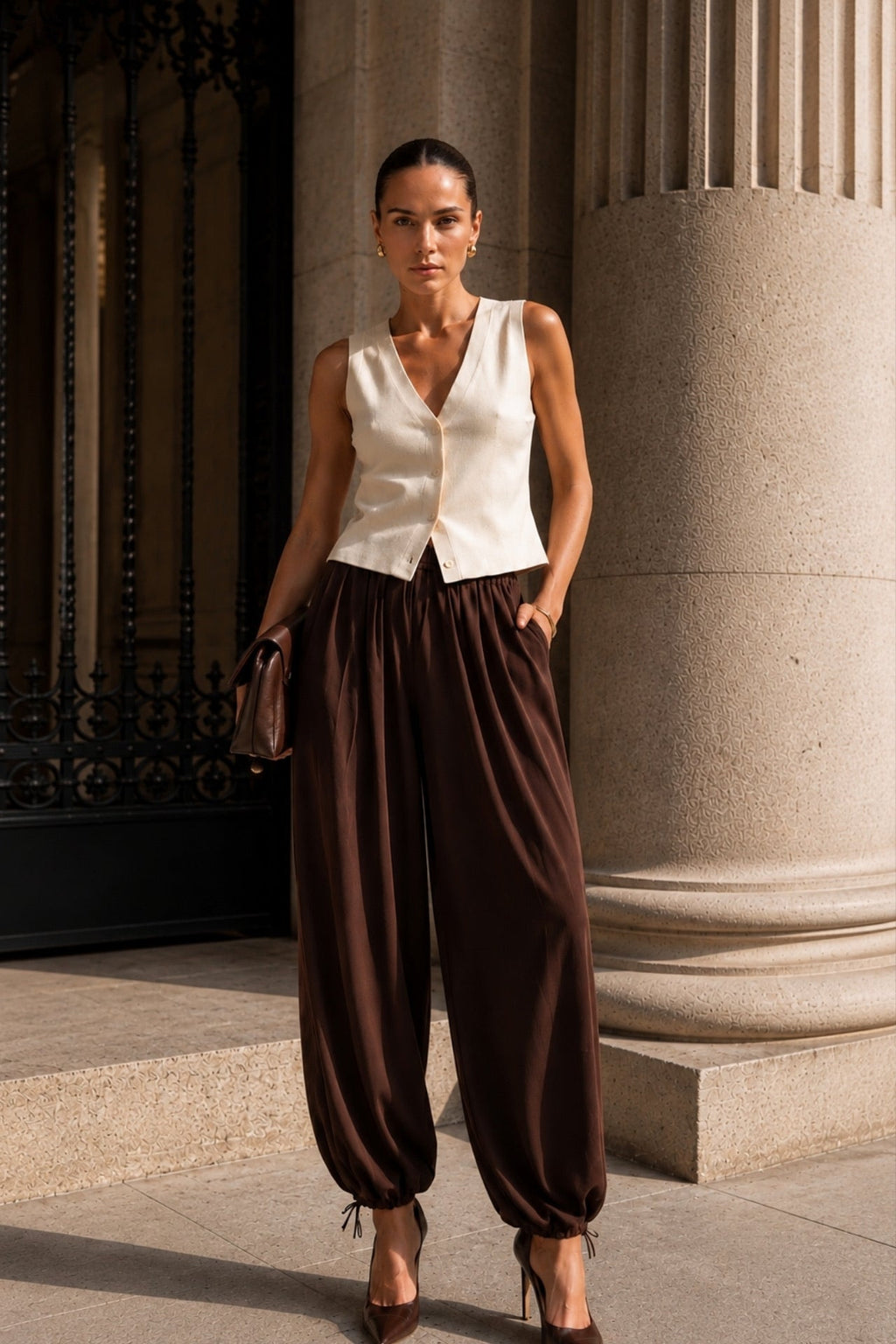 Bel ve Hem Tie Detail Brown Balon Trousers