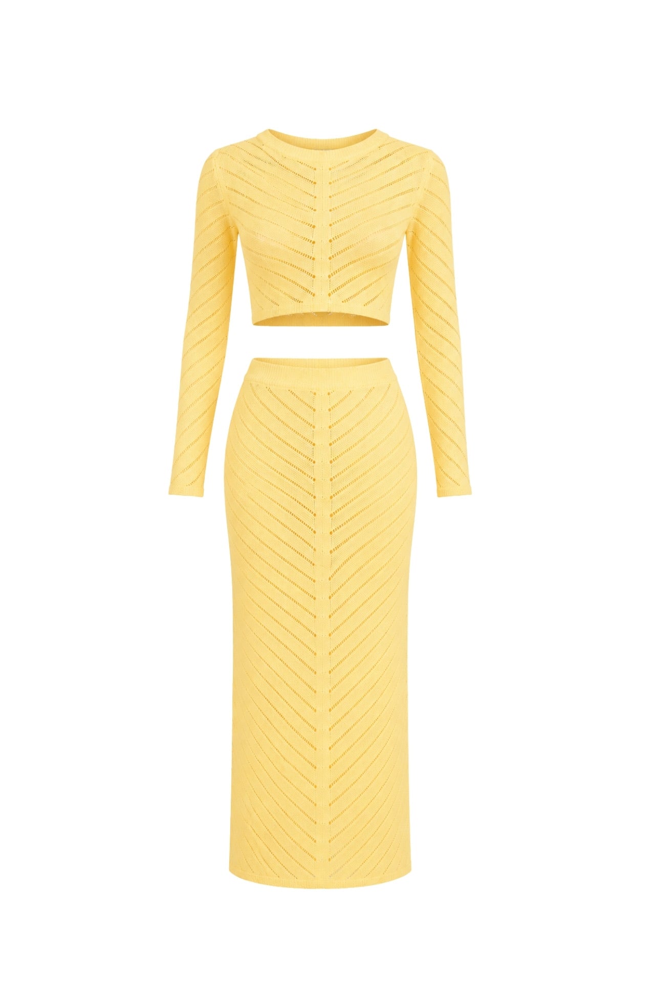 Knit Pattern Crop Blouse Maxi Skirt İkili Yellow Knit Set