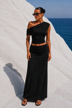 One-Shoulder Fitted Waist Blouse Ruched Detail Maxi Skirt Two-Piece Black Set