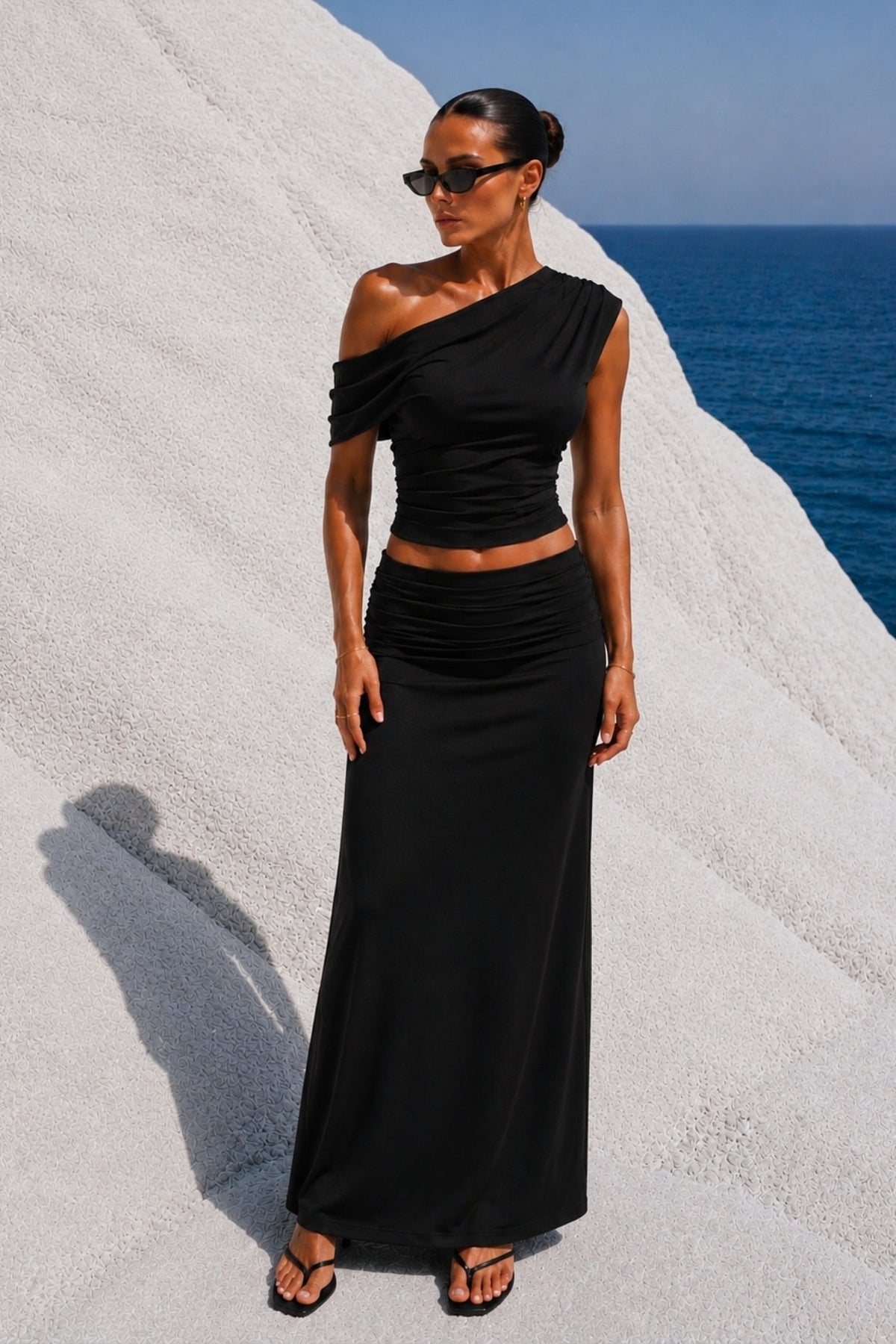 One-Shoulder Fitted Waist Blouse Ruched Detail Maxi Skirt Two-Piece Black Set