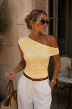 Fitted Waist Asymmetric Shoulder Detail Yellow Blouse