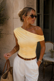 Yellow Blouse with Asymmetrical Shoulder Detail and Waist Gathering