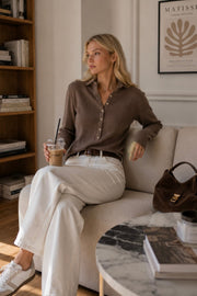 Polo Neck Snap-Fastening Mink Knit Blouse