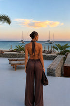 Asymmetric Cut Backless Blouse Pants Two-Piece Brown Satin Set