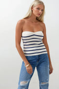 Striped Strapless Textured White Navy Blouse