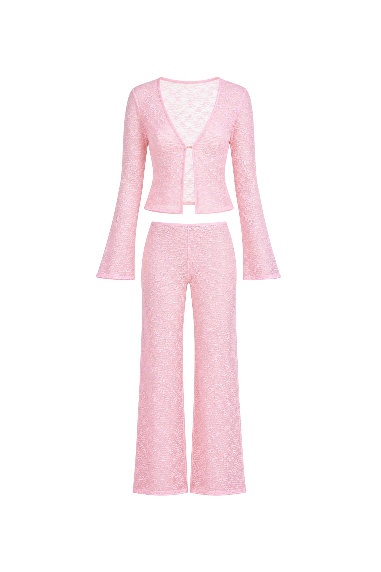 Guipure Detail Flounce Sleeve Blouse High Waist Trousers Double Pink Transparent Set