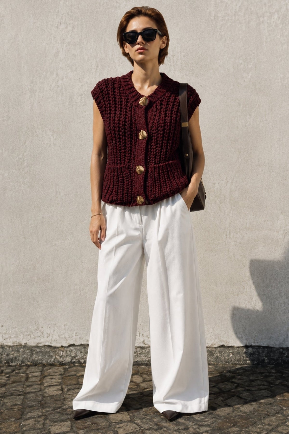 Button Detail Pocketed Burgundy Knit Waistcoat