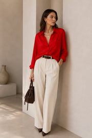Pocket Detail Basic Red Oversized Shirt