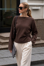 Boat-Neck Ruched Accessory Detail Textured Brown Blouse