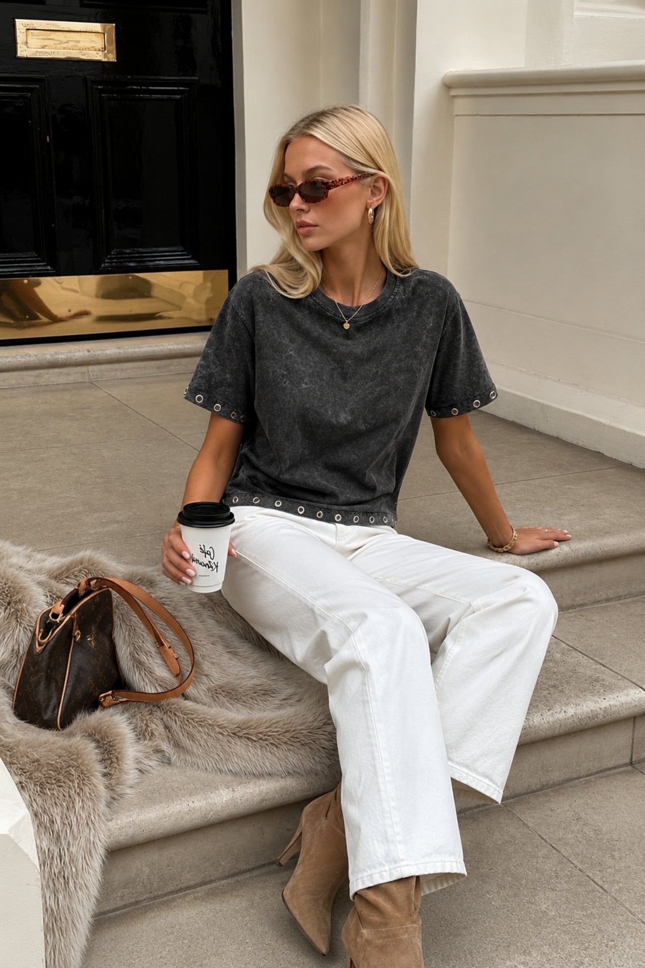 Washed Effect Eyelet Detail Brown T-Shirt