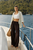 Brown Modal Trousers with Elastic Waist Detail