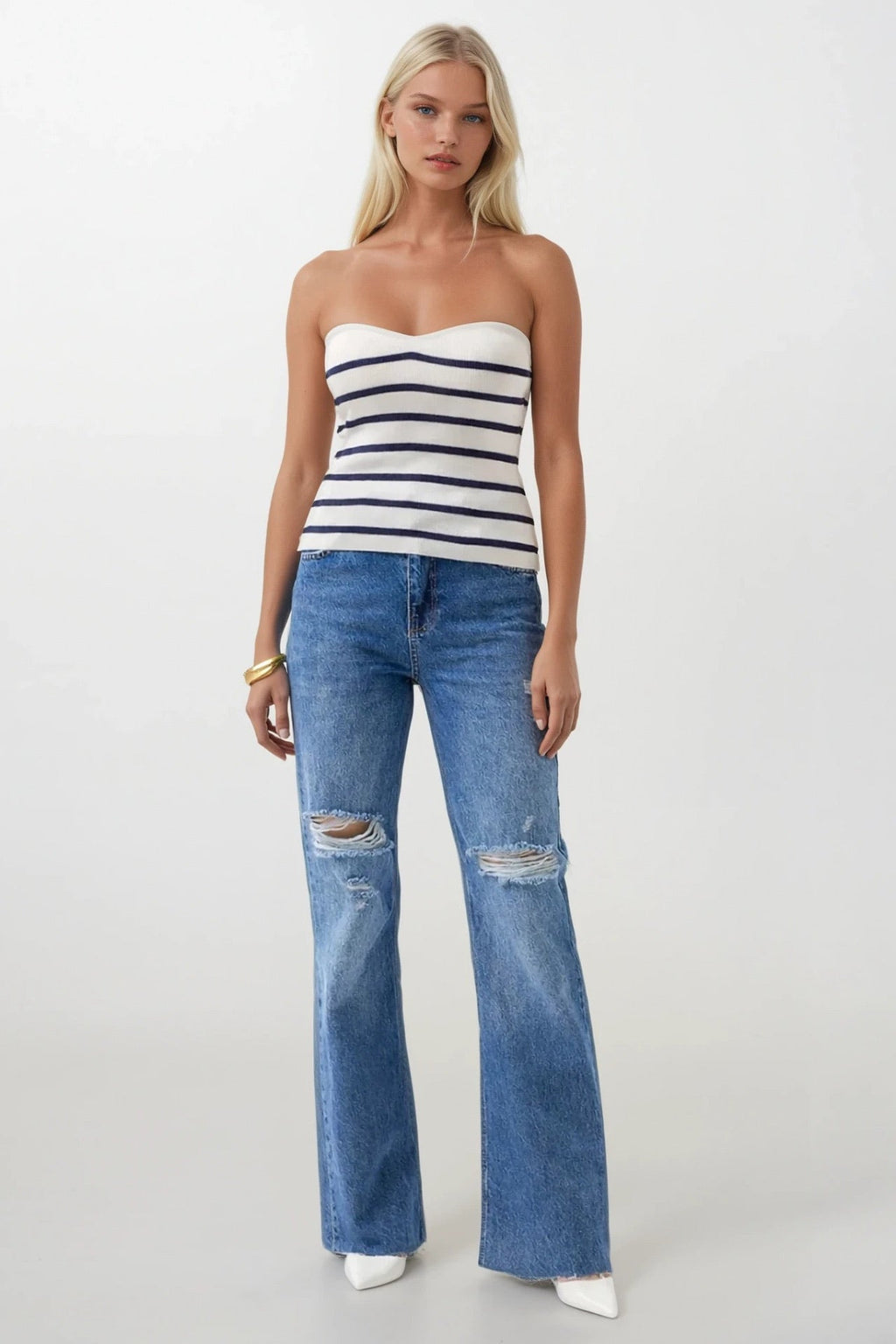 Striped Strapless Textured White Navy Blouse