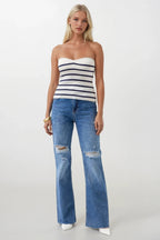 Striped Strapless Textured White Navy Blouse