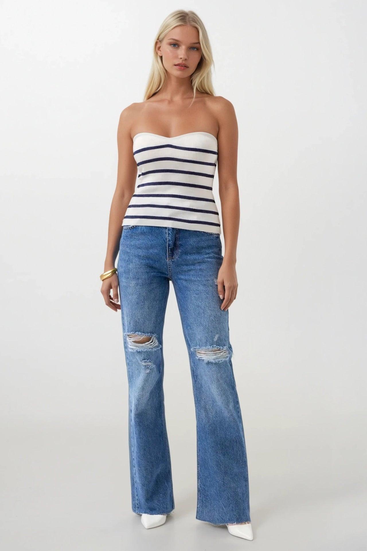 Striped Strapless Textured White Navy Blouse