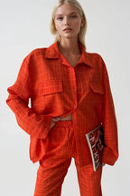 Pocket Orange Shirt Pants Two-Piece Set