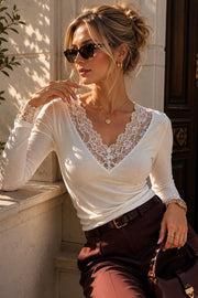 Lace Detail V Neck White Transparent Blouse