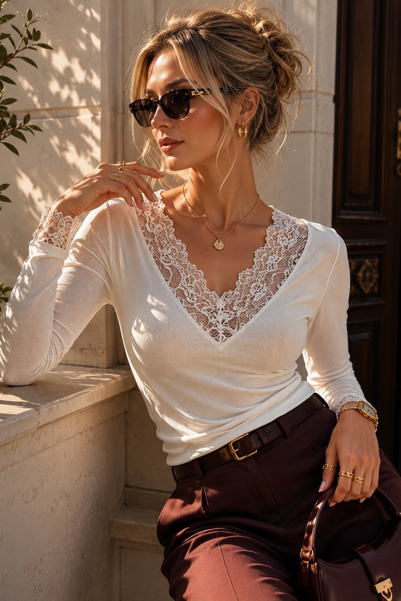 Lace Detail V-Neck White Transparan Blouse