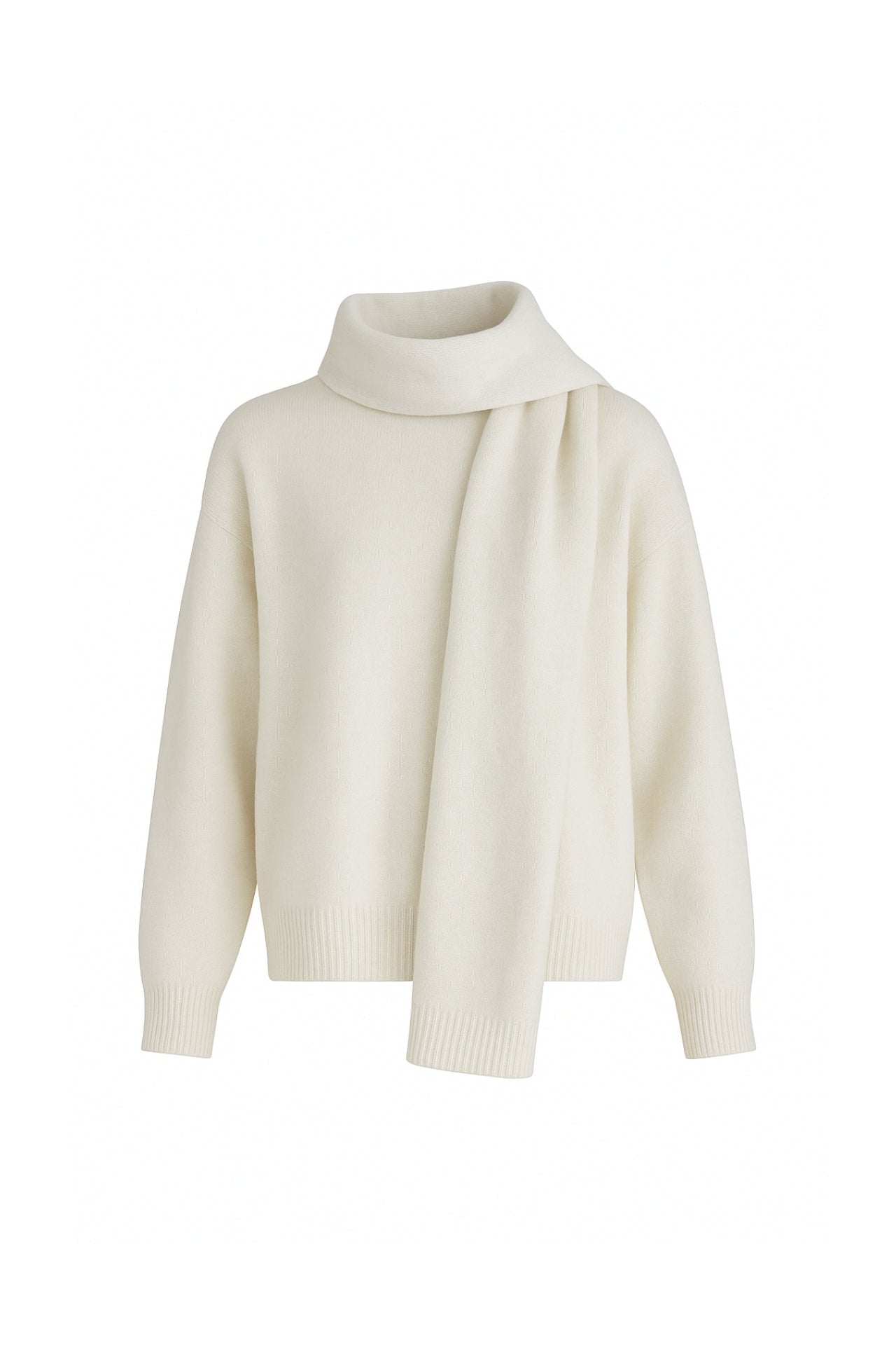 Scarf Detail Textured Ecru Knit Sweater Two-Piece Set