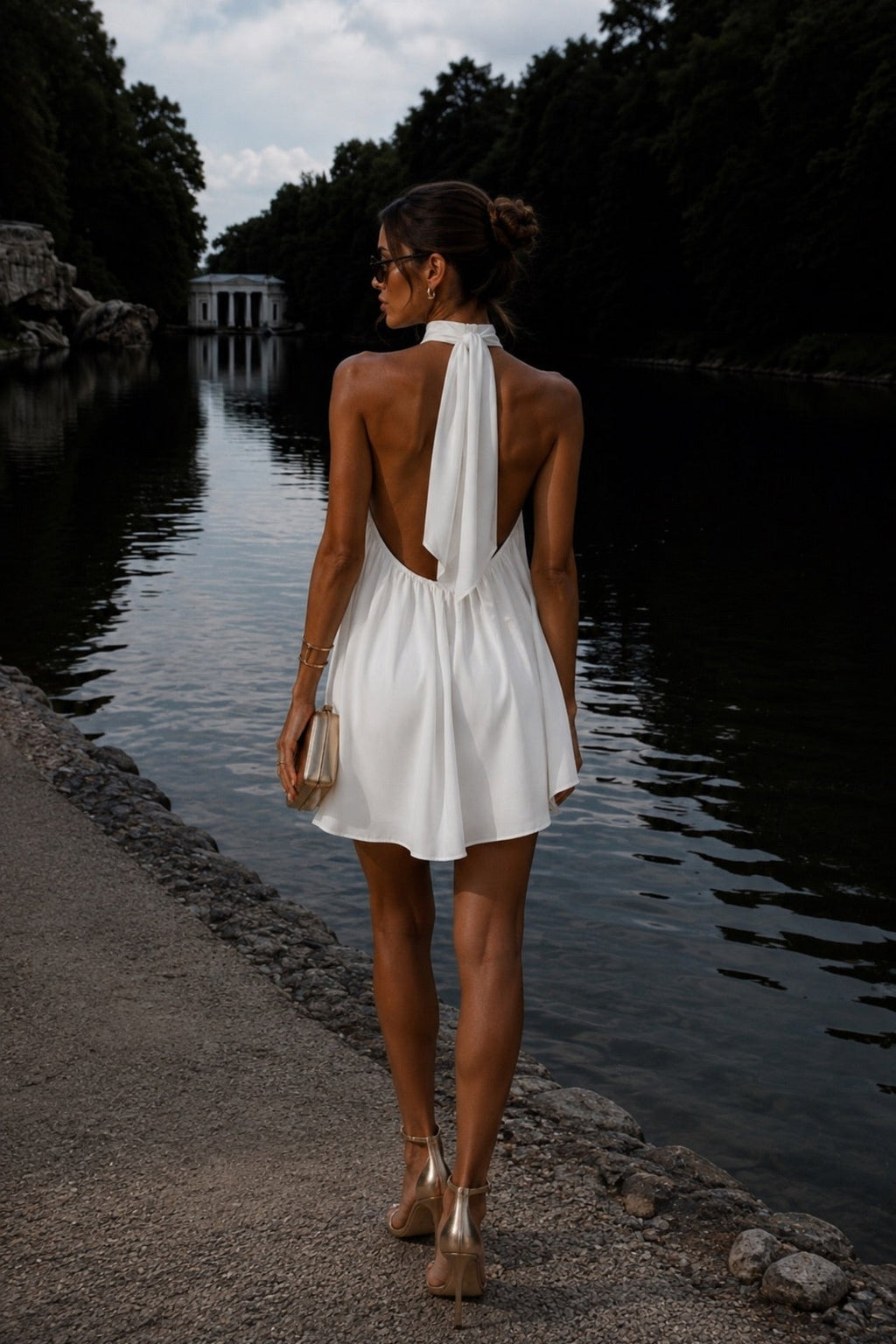 Fisherman Collar Backless Satin Ecru Mini Dress