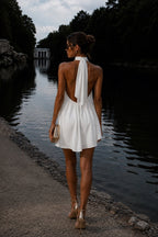 Fisherman Collar Backless Satin Ecru Mini Dress