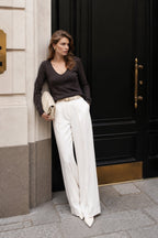 V-Neck Long Sleeve Textured Brown Blouse