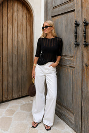Stripe Detail Transparent Oversized Black Knit Blouse