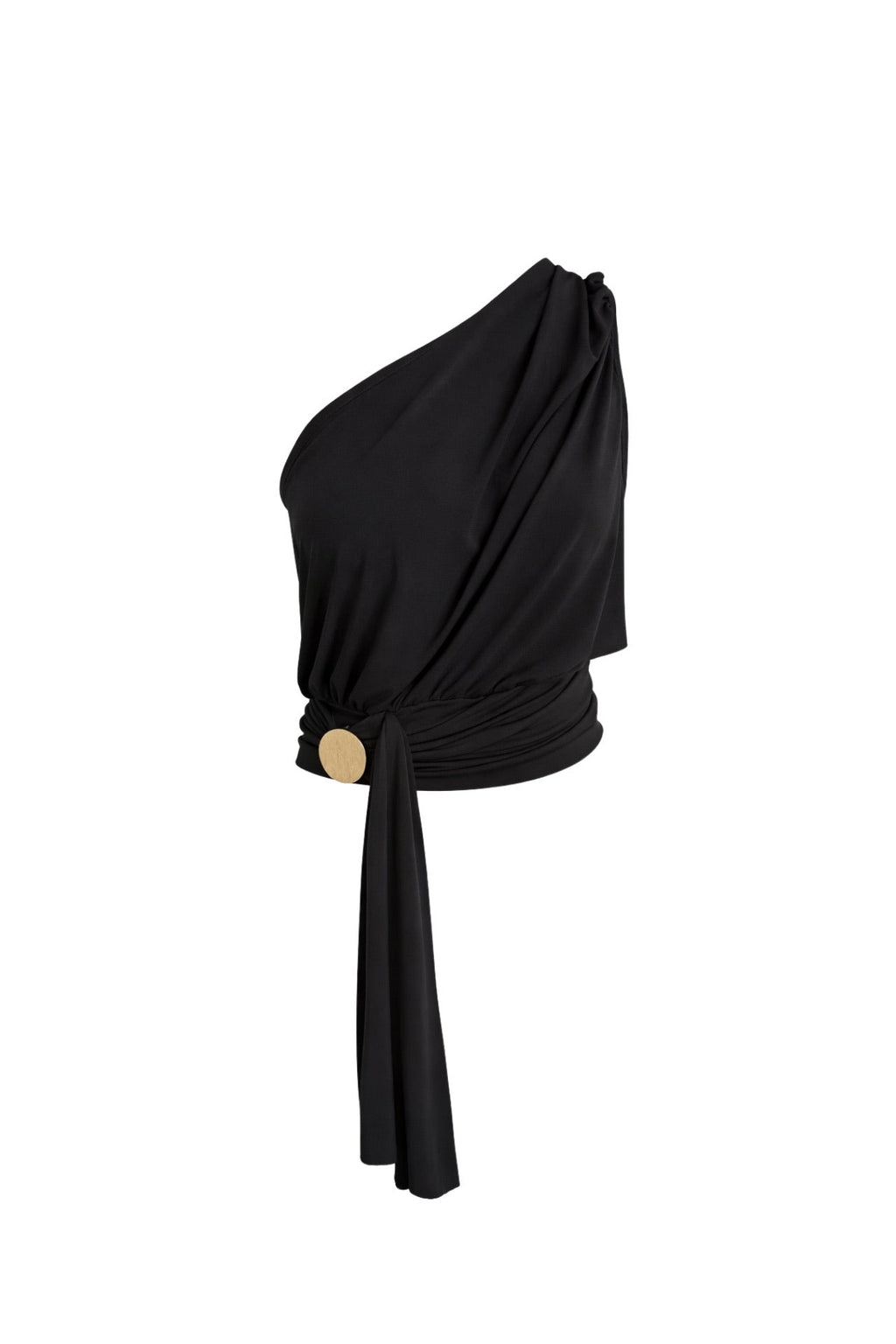 Open Detail One-Shoulder Tie Black Blouse