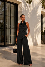 Asymmetrical Cut Backless Blouse Pants Two-Piece Black Satin Set