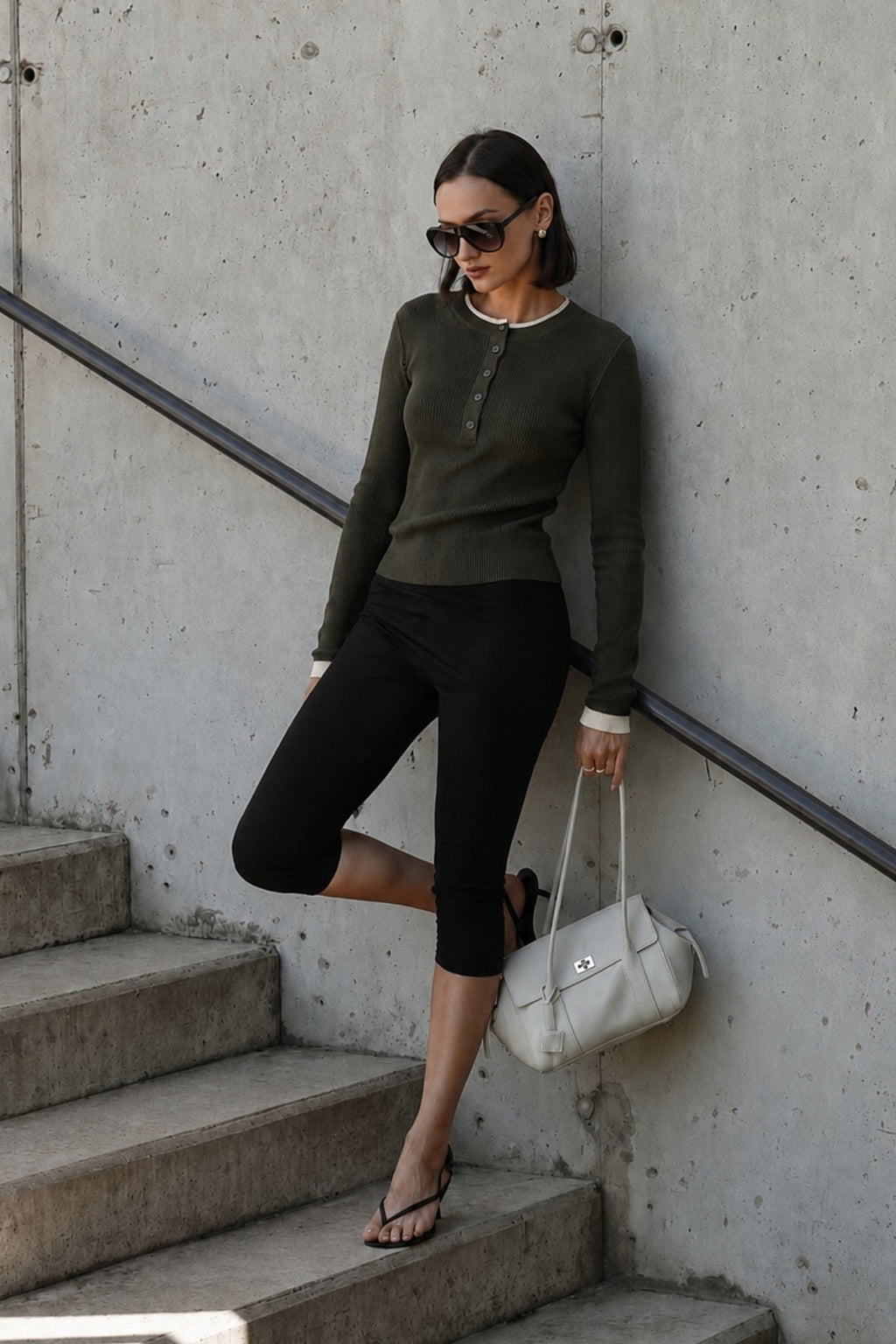 Button Detail Double-Collar Textured Haki Blouse
