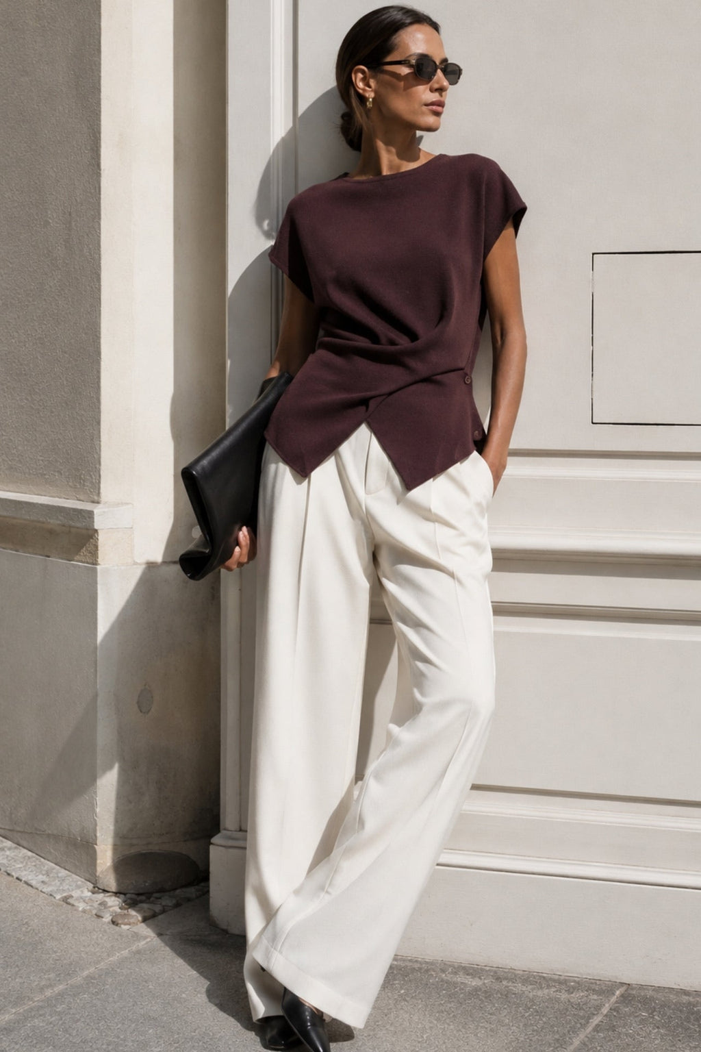 Button Detail Wrap Brown Knit Blouse