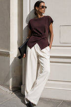 Button Detail Wrap Brown Knit Blouse