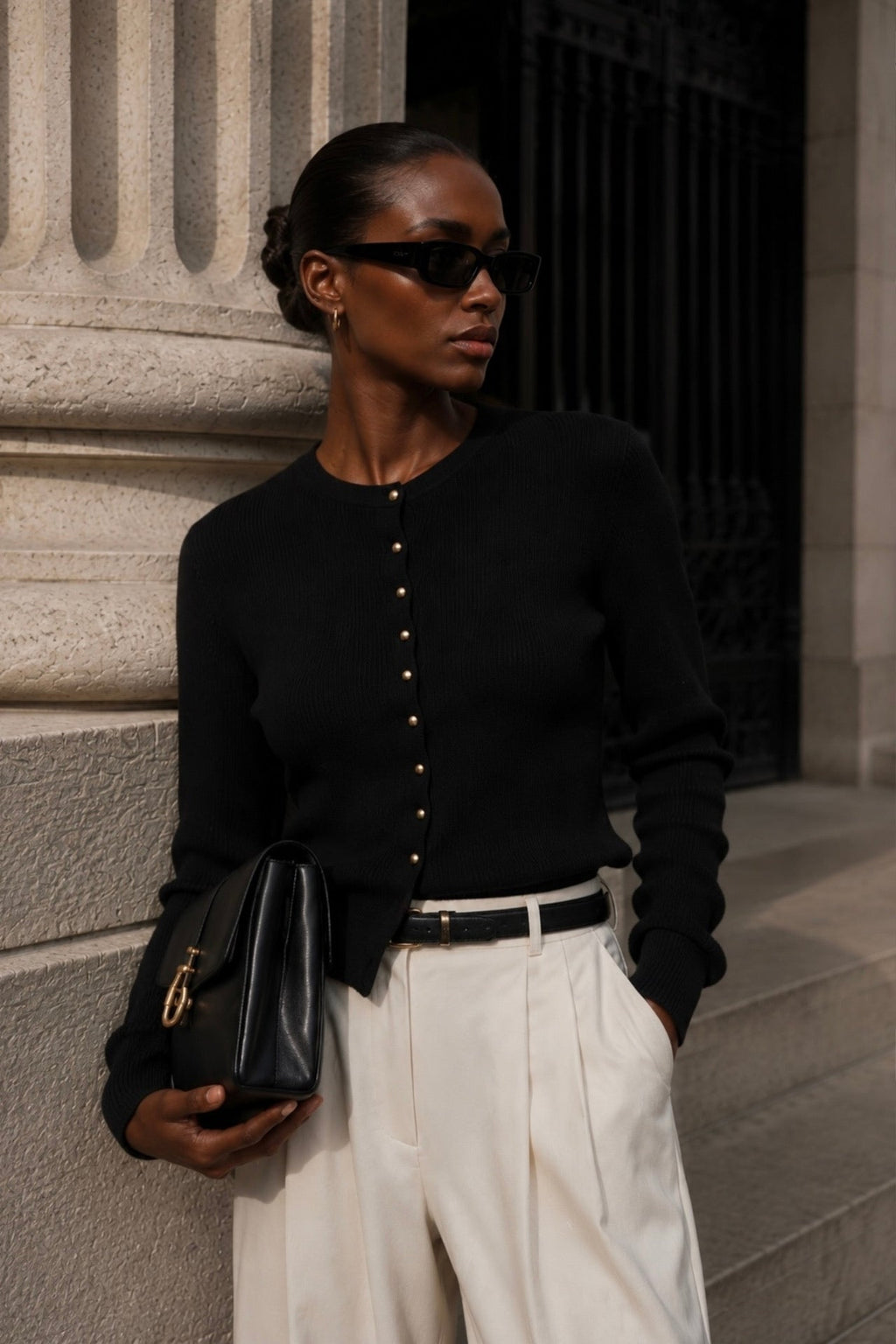 Crew Neck Button Detail Black Knit Blouse