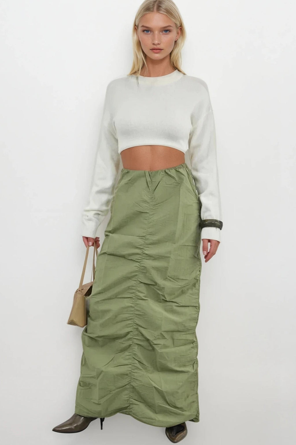 Ruched Detay Khaki Maxi Skirt