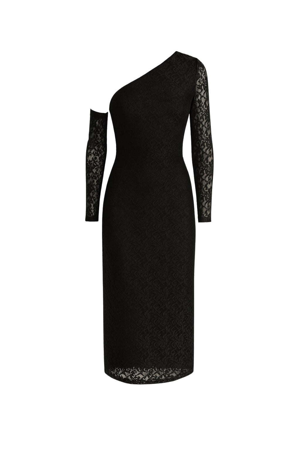 One-Shoulder Sleeve Accessory Detail Maxi Black Guipure Dress