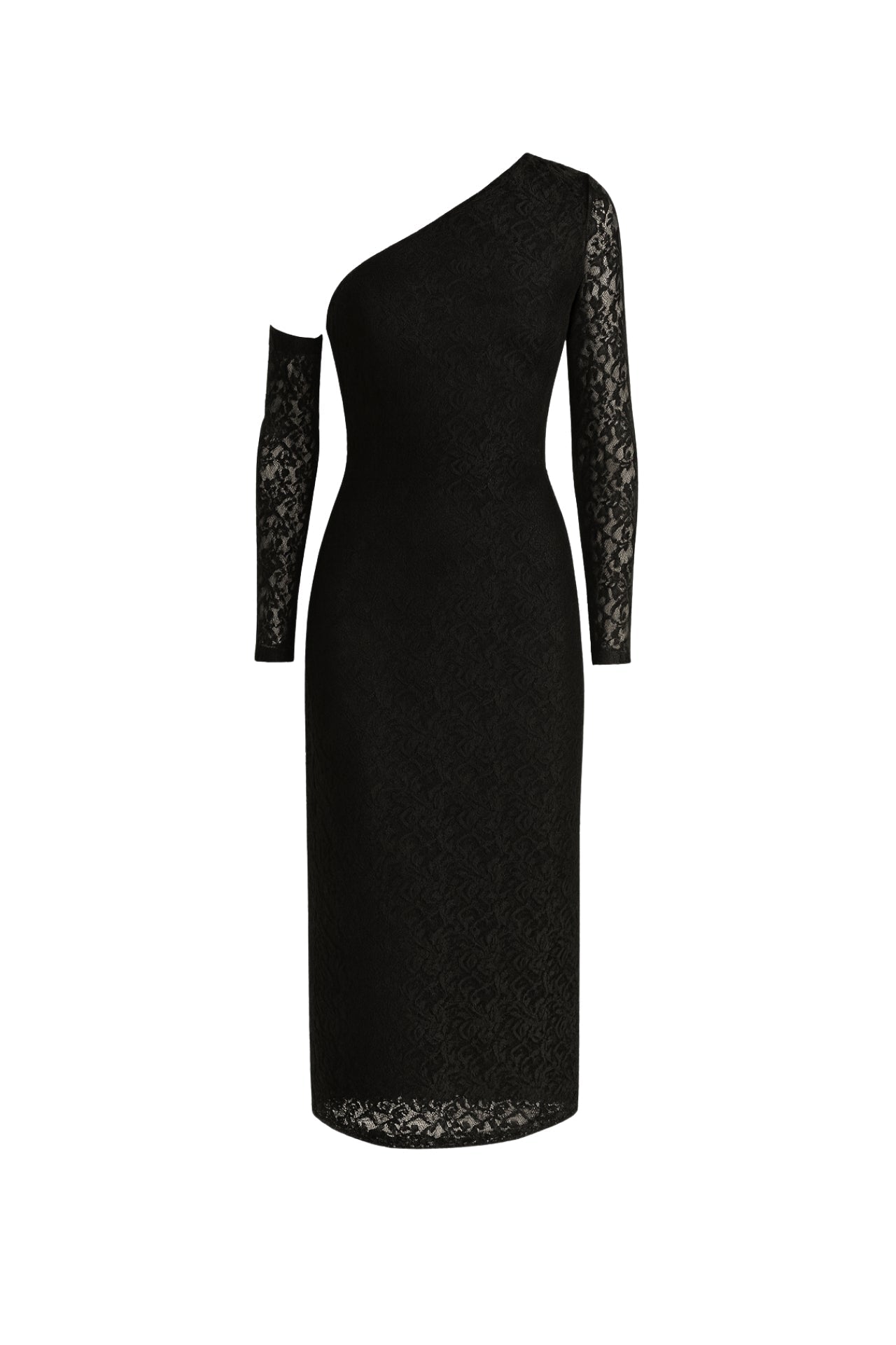 One-Shoulder Sleeve Accessory Detail Maxi Black Guipure Dress