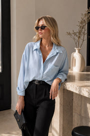 Pocket Detail Basic Oversized Blue Shirt