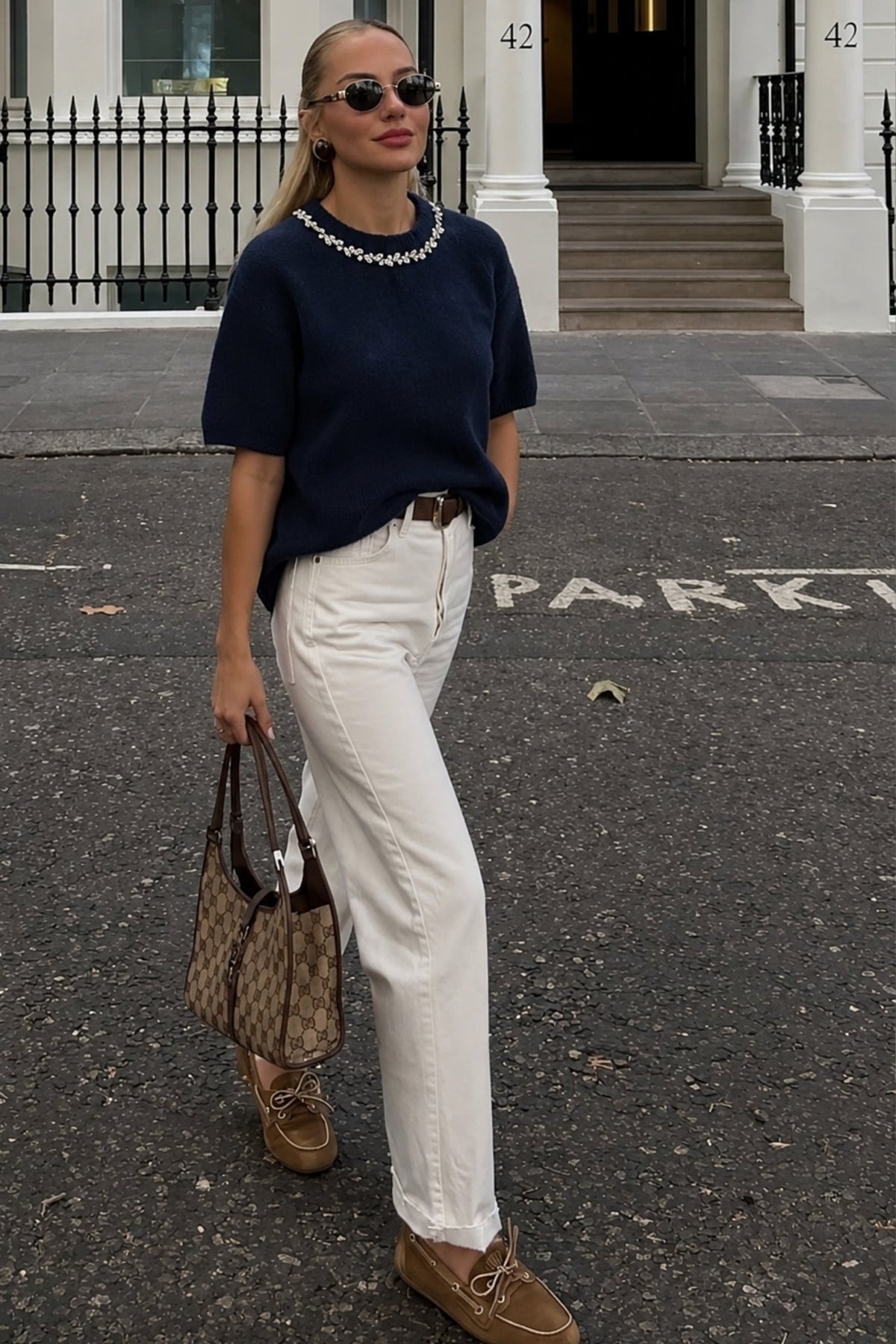Neck Stone Embellished Half-Sleeve Textured Navy Blouse