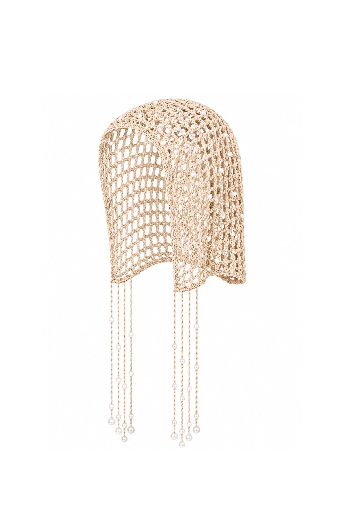 Ecru Knitted Beanie with Fringed Pearl Detail
