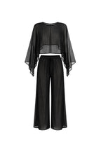 Wide Collar Crop Transparent Blouse High Waist Pants Two-Piece Black Set
