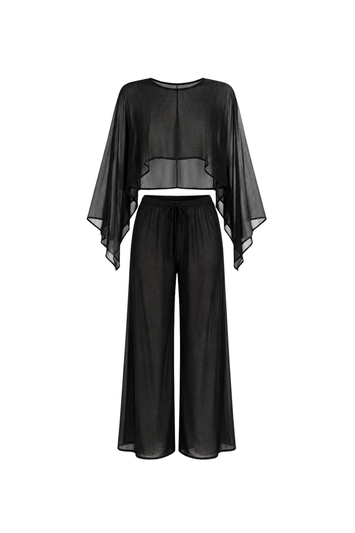 Wide Collar Crop Transparent Blouse High Waist Pants Two-Piece Black Set