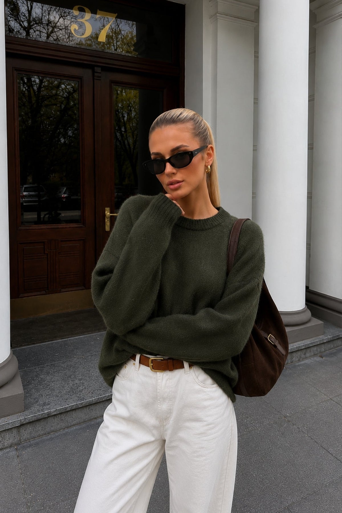 Crew Neck Textured Haki Basic Kazak