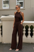 Halter Neck Sleeveless Blouse High Waist Textured Pants Two-piece Brown Set