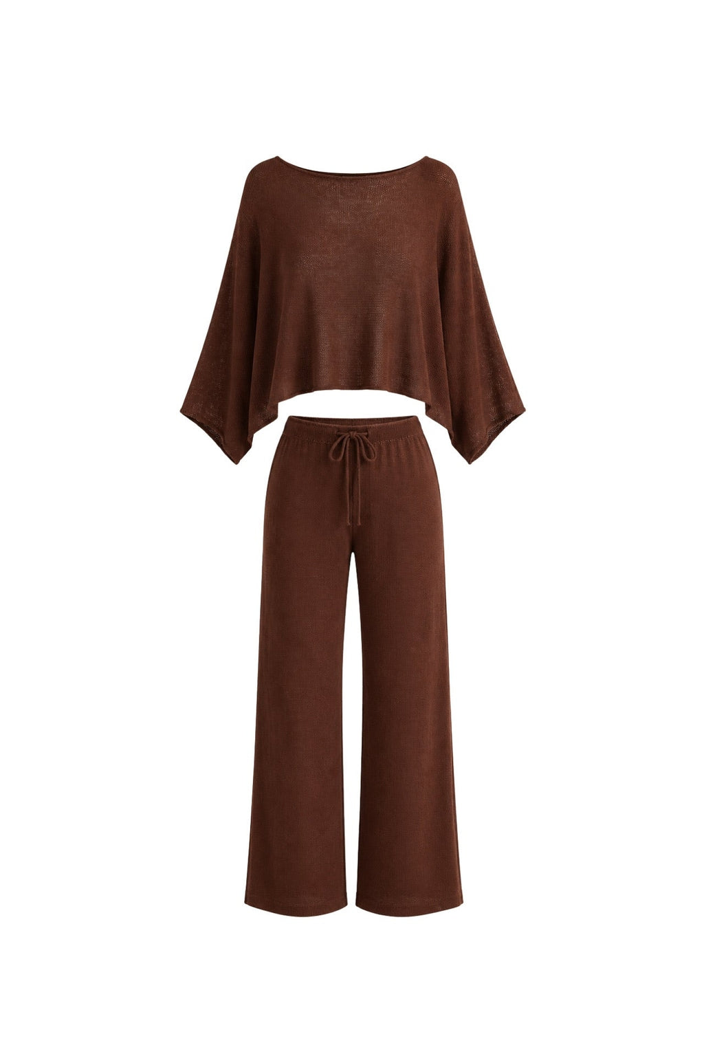 Textured Boat Neck Asymmetrical Blouse and Trousers Brown Two-Piece Set
