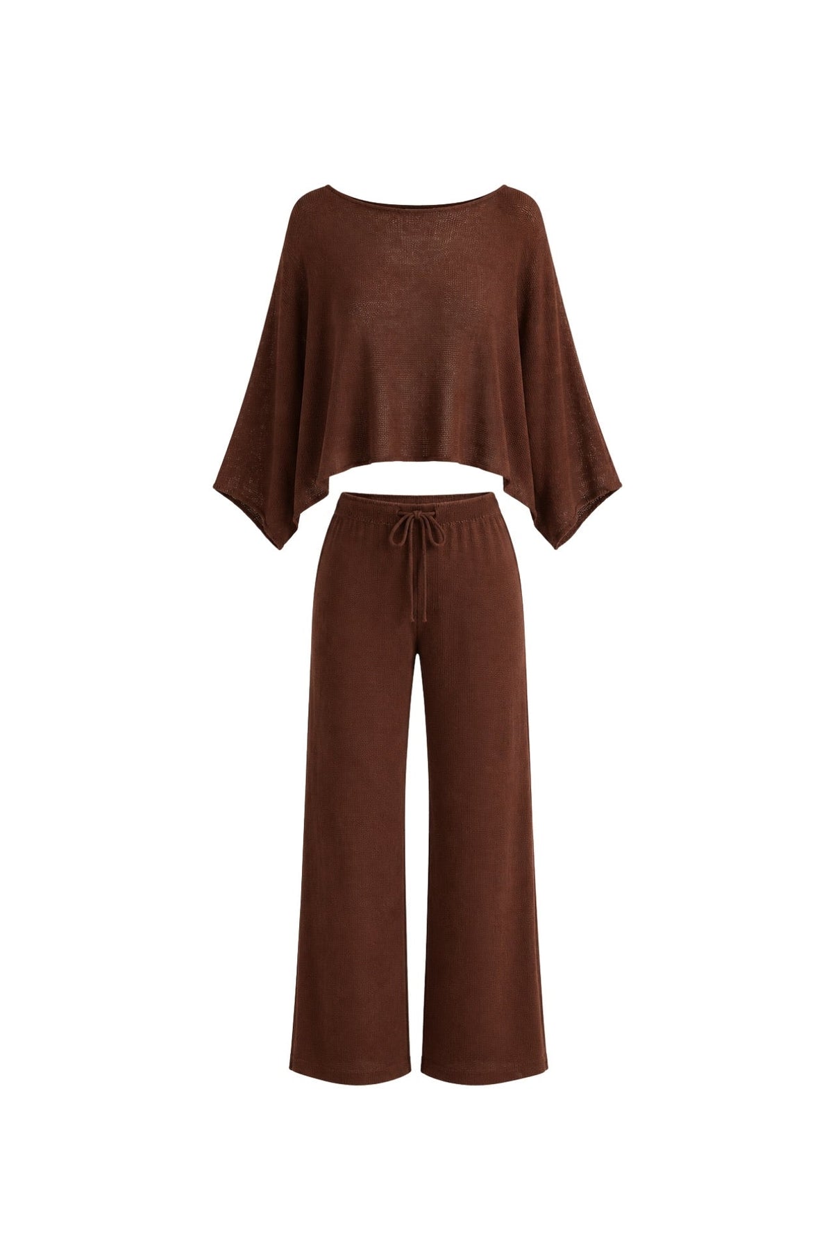 Textured Boat Neck Asymmetrical Blouse and Trousers Brown Two-Piece Set