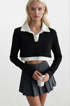 Polo Collar Contrast Detail Crop Black Sweatshirt