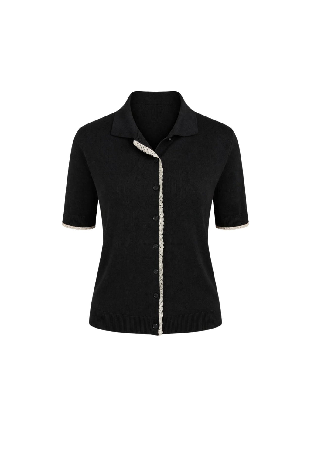Polo Collar Lace Detail Buttoned Black Knit Blouse