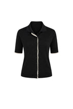 Polo Collar Lace Detail Buttoned Black Knit Blouse