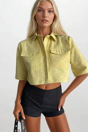 Pocket Detail Half Sleeve Crop Linen Yellow Shirt