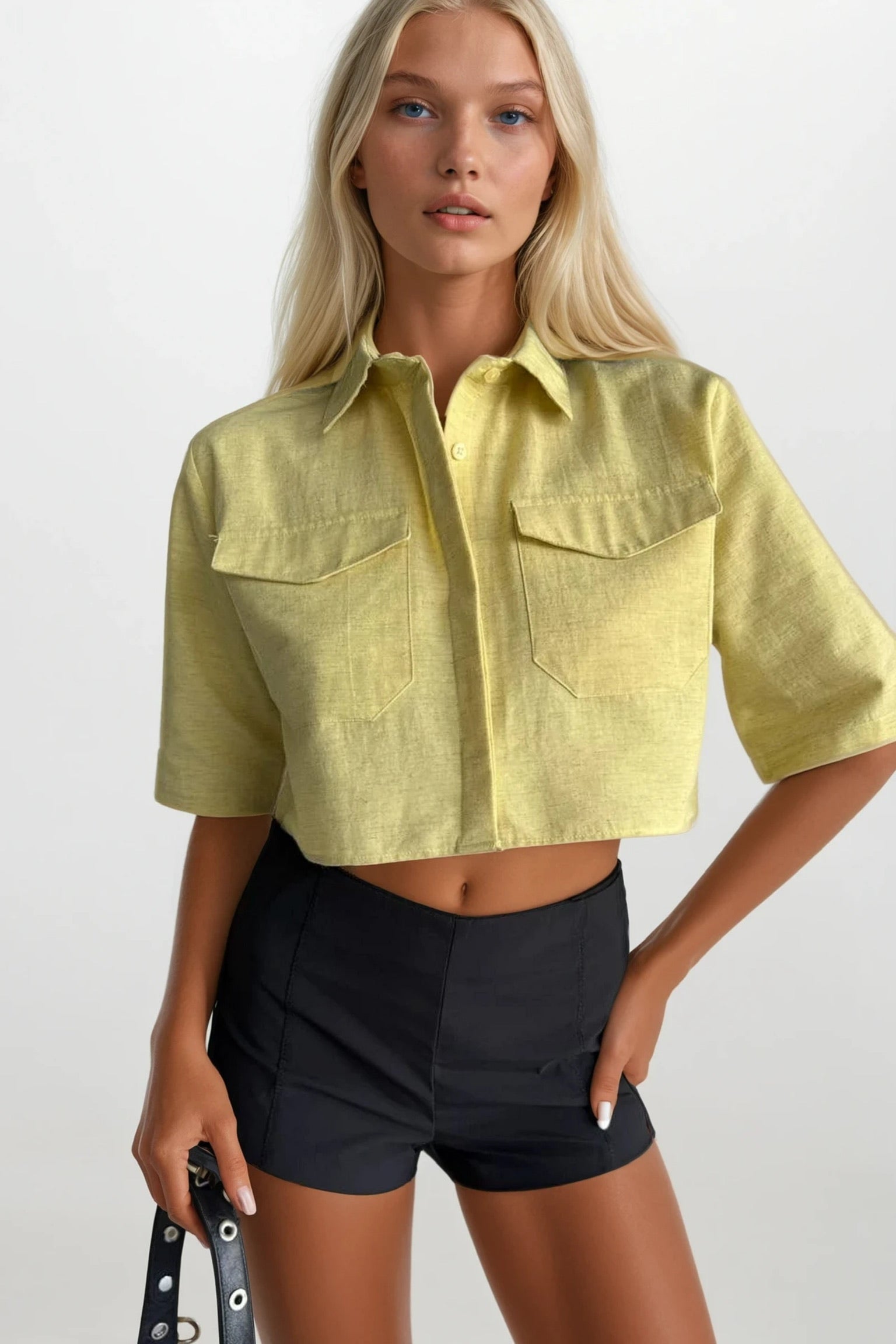 Pocket Detail Half Sleeve Crop Linen Yellow Shirt