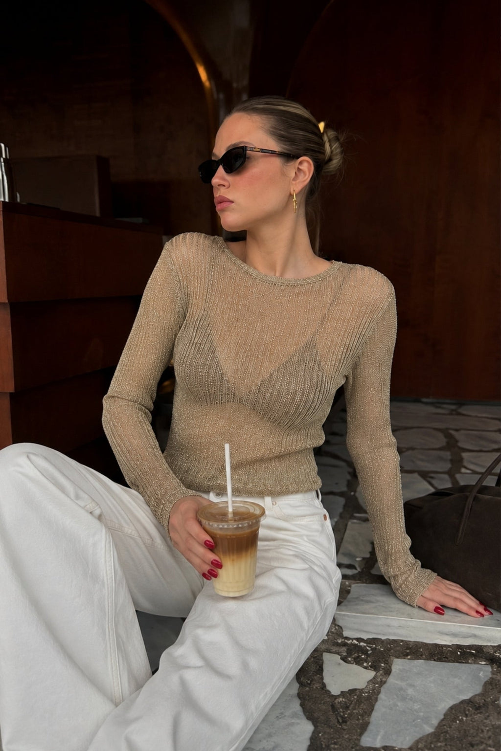Foil Long Sleeve Gold Transparan Blouse